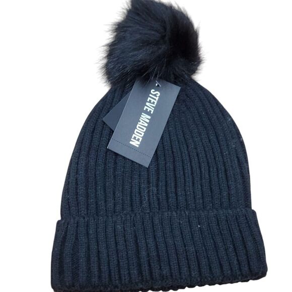 Steve Madden Black  Womens Beanie Winter Hat Knit Faux Fur Lined Pom Pom NEW - Picture 1 of 2